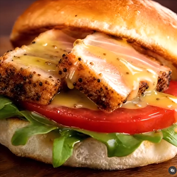 Blackened ahi tuna sliders on King's Hawaiian rolls with Cajun seared tuna, tomato, arugula, and passion fruit wasabi sauce