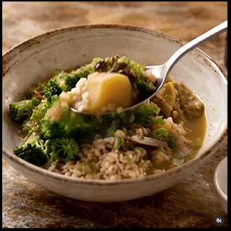  Creamy potato chowder infused with savory miso broth and garnished with green onions.