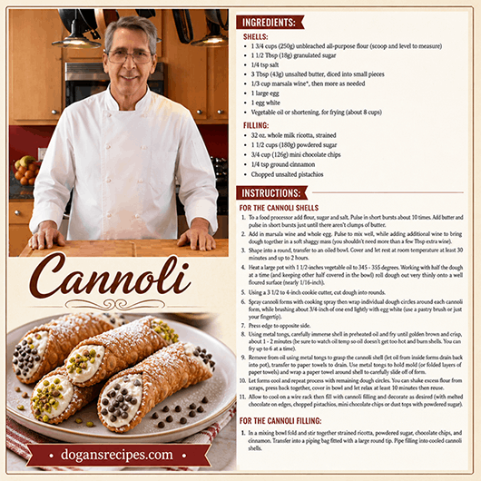 Crispy golden-brown cannoli shells filled with creamy ricotta cream, with the ends dipped in mini chocolate chips and chopped pistachios