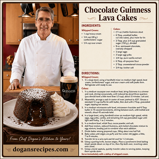 A decadent chocolate Guinness lava cake with a molten chocolate center flowing out onto a plate, dusted with powdered sugar and topped with a fresh raspberry