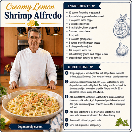 Creamy lemon shrimp alfredo pasta with juicy shrimp tossed in a rich garlic cream sauce, garnished with fresh lemon slices and parsley