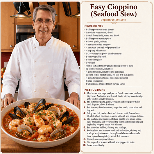 An easy homemade cioppino seafood stew with shrimp, clams, and white fish in a rich tomato and herb broth, served in a shallow bowl