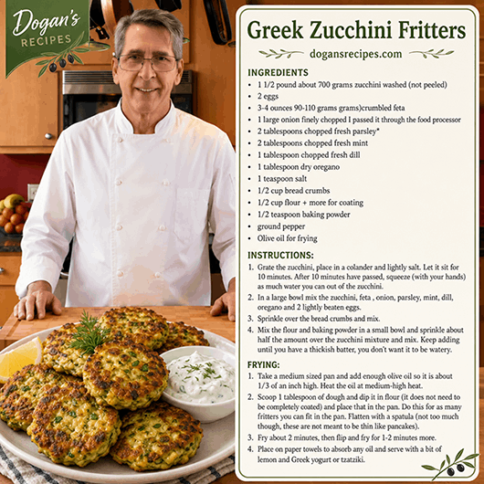 Crispy golden-brown Greek zucchini fritters served on a platter, garnished with fresh dill and accompanied by a small bowl of creamy tzatziki sauce