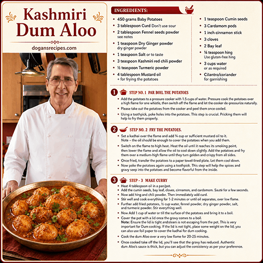 Kashmiri Dum Aloo featuring small baby potatoes slow-cooked in a vibrant, deep-red spiced yogurt gravy, garnished with fresh cilantro