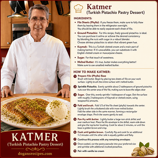 Crispy, flaky Turkish katmer pastry layered with vibrant green ground pistachios and clotted cream, sliced into squares on a serving plate