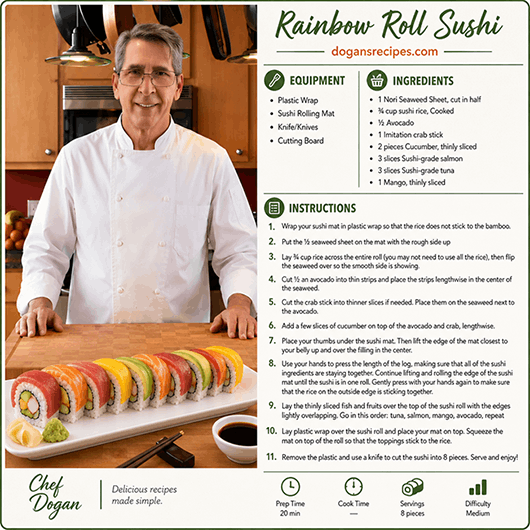 A rainbow roll sushi inside-out roll topped with alternating slices of fresh red tuna, orange salmon, and green avocado, drizzled with spicy mayo