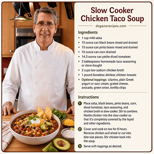 Slow cooker chicken taco soup with shredded chicken, black beans, and corn in a spiced tomato broth, topped with shredded cheese and tortilla strips