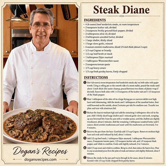 Classic Steak Diane featuring tender pan-seared beef medallions smothered in a rich, creamy cognac and mushroom sauce, garnished with fresh chives