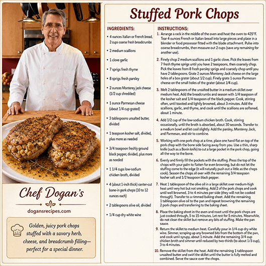 Thick-cut stuffed pork chops seared golden-brown, filled with a savory herb breading, and served on a platter with a drizzle of pan gravy