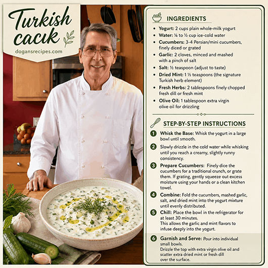 A refreshing bowl of Turkish cacık made with thick yogurt, grated cucumber, and fresh dill, drizzled with olive oil and garnished with dried mint