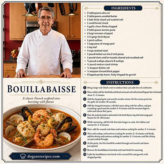 A traditional French bouillabaisse seafood stew featuring fish fillets, mussels, and shrimp in a saffron-orange broth, served with a side of rouille bread.