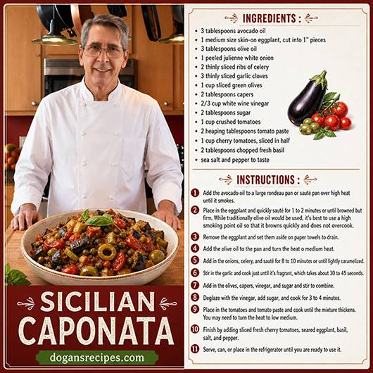 A vibrant Sicilian caponata eggplant relish with tender cubed eggplant, celery, capers, and green olives in a sweet and sour tomato sauce
