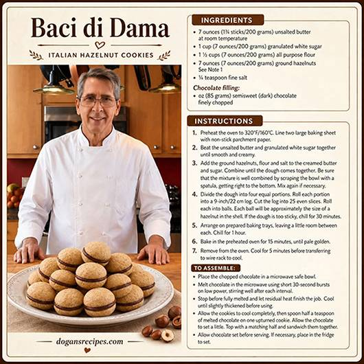 Traditional Italian Baci di Dama cookies consisting of two round hazelnut shortbread biscuits sandwiched together with a rich dark chocolate filling