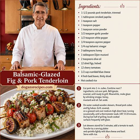 Roasted pork tenderloin sliced on a cutting board, coated in a glossy, dark fig glaze and topped with caramelized fresh fig halves and rosemary