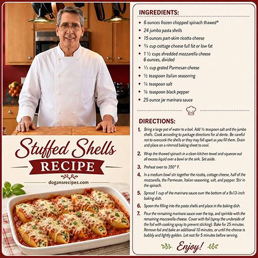 Baked stuffed jumbo pasta shells filled with ricotta cheese, topped with marinara sauce and melted mozzarella, garnished with fresh parsley