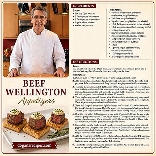 CBite-sized Beef Wellington appetizers featuring tender beef pastry puffs golden-brown baked with savory mushroom duxelles inside