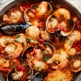 A rich, steaming pot of authentic French Bouillabaisse seafood stew with fresh herbs