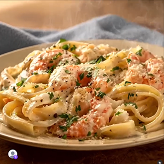 Shrimp and fettuccine pasta being tossed in a creamy lemon alfredo sauce in a large skillet
