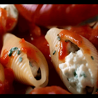 Baked jumbo pasta shells stuffed with ricotta cheese and spinach, topped with melted mozzarella and marinara sauce.