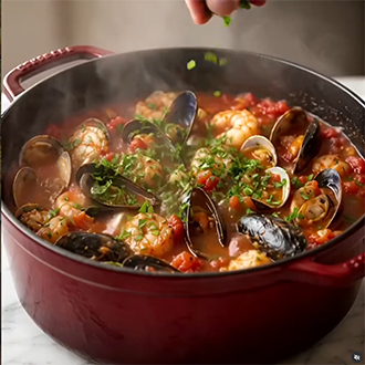 A rustic white bowl filled with Easy Cioppino seafood stew, featuring fresh clams, mussels, shrimp, and chunks of cod in a rich tomato-fennel broth, garnished with fresh parsley and served with a side of grilled sourdough bread