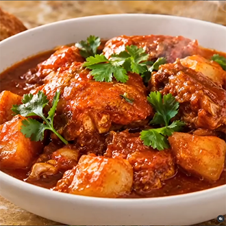 Classic Puerto Rican pollo guisado recipe: A hearty Latin chicken stew simmered with tender potatoes, carrots, olives, and sofrito in a rich tomato broth