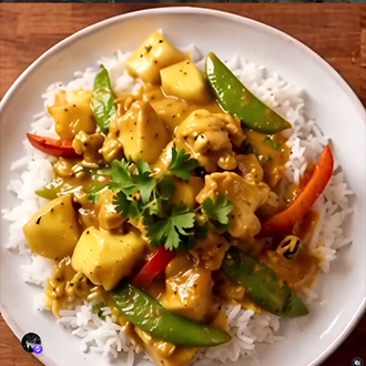 Chinese chicken curry served with a side of white rice