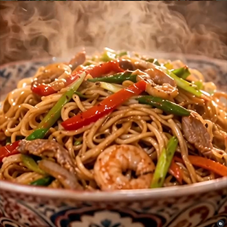 A plate of traditional Filipino pancit noodles with vegetables and chicken