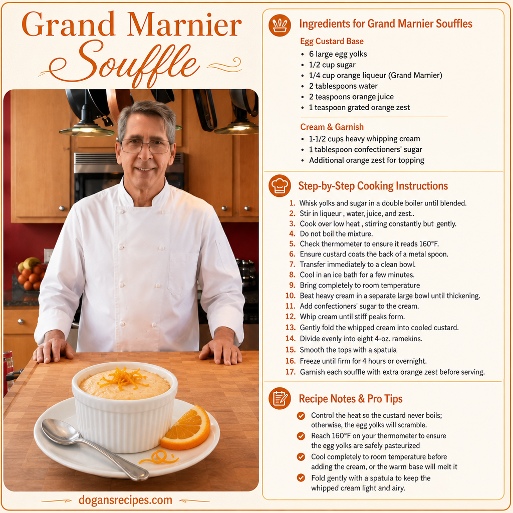 A tall Grand Marnier frozen soufflé in a ramekin with the parchment paper collar removed, garnished with fresh orange zest and berries