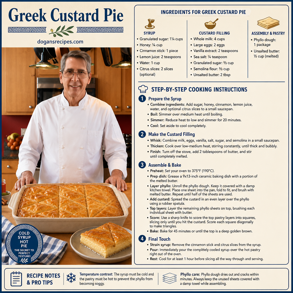  Greek Custard Pie (Galaktoboureko) with golden phyllo pastry and syrup