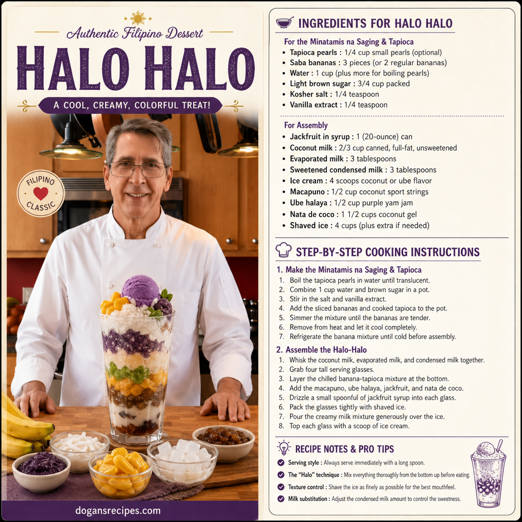 Vibrant glass of Filipino halo-halo dessert layered with shaved ice, ube ice cream, and leche flan