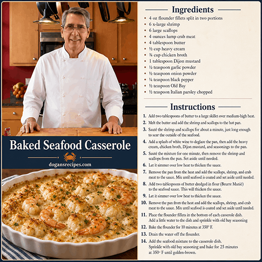 A golden-brown baked seafood casserole featuring flounder fillets, shrimp, scallops, and crab meat in a creamy sauce with a crispy breadcrumb topping