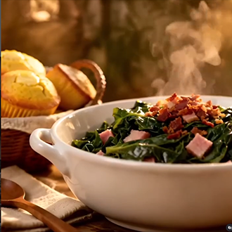 A close-up of tender, slow-simmered Southern collard greens in a ceramic bowl, mixed with pieces of smoked turkey and a savory broth