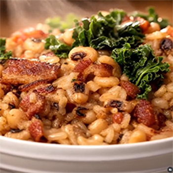 Easy grilled A comforting bowl of Black Eyed Peas and Bacon mixed with long-grain white rice and greens